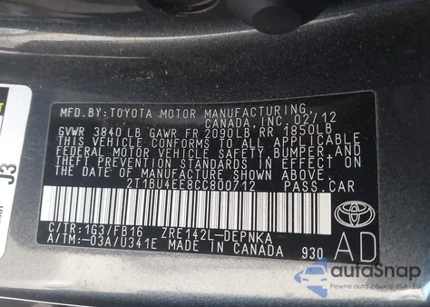 2012 Toyota Corolla Le from USA, damaged, VIN 2T1BU4EE8CC800712